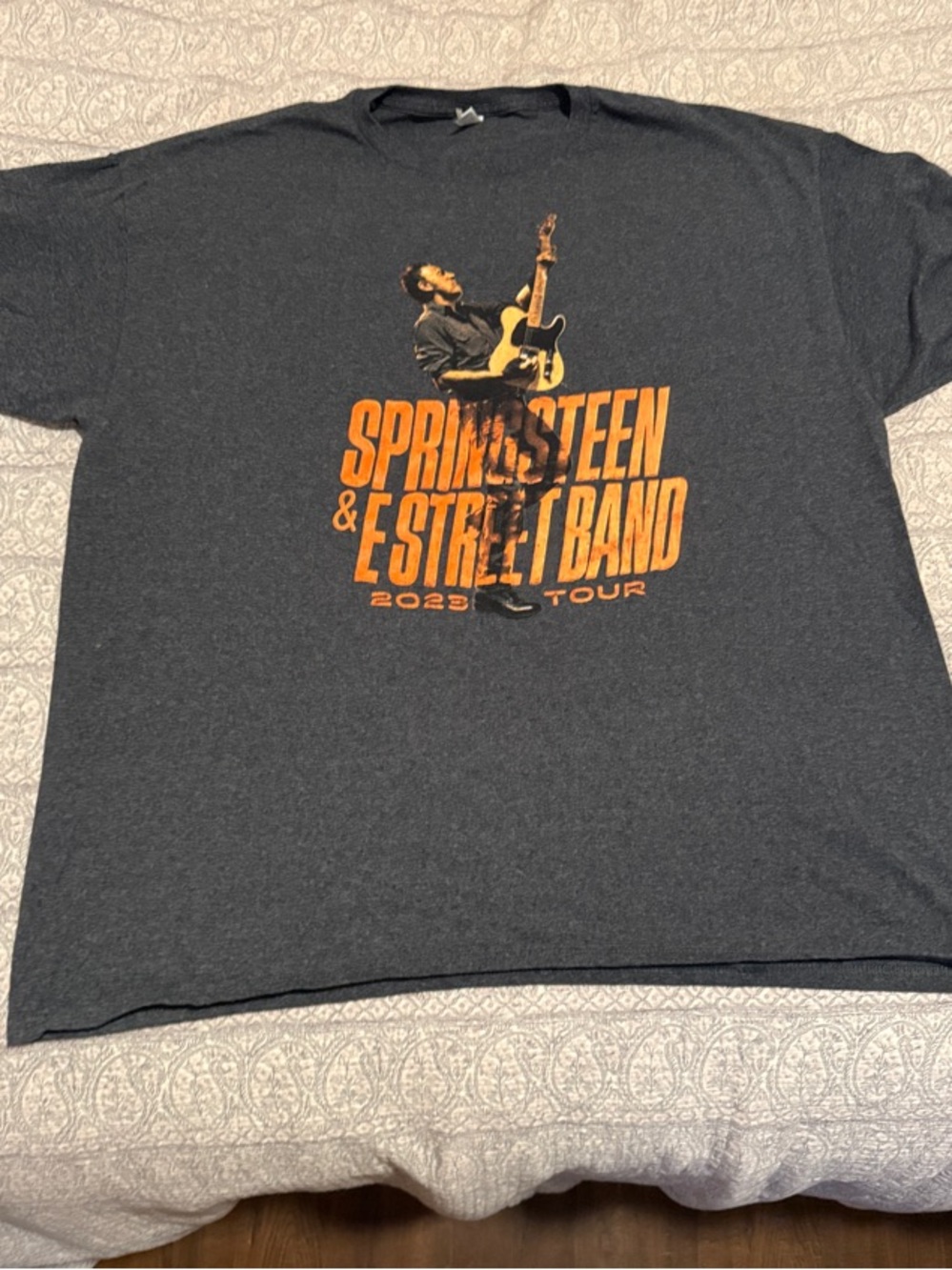 Gildan Gray Springsteen & E Street Band 2023 Tour Graphic Tee with Orange Print